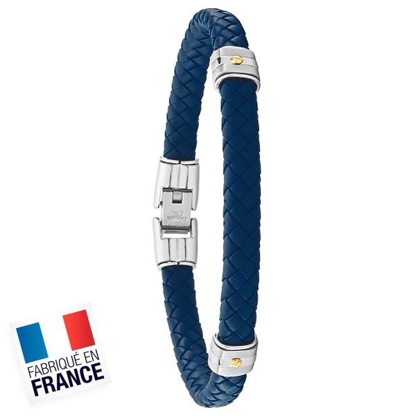 Bracelet Acier Homme Cuir Plat Texturé et Tréssé Rond Bleu Navy